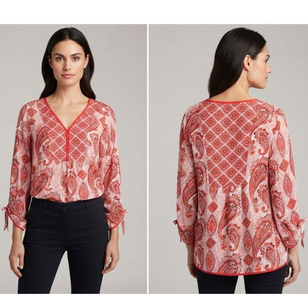 Investments II Paisley V-Neck Boho Peasant Blouse Red Orange Plus Size 2X